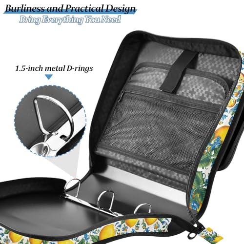 3 Ring Zipper Binder Lemon Yellow Blue Bohemian Binders Bag with Shoulder Strap 500 Sheets Paper Organizer Trapper Keeper Documents Storage File Folder for School Office - color: A2810