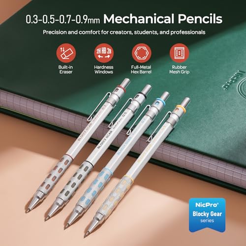 Nicpro 4 Pack Blocky Gear 0.3, 0.5, 0.7, 0.9 mm Metal Mechanical Pencils Set with Case, Lead Drafting Pencil with 8 Tube Lead Refills(HB 2B), Erasers, Eraser Refills for Art Writing Sketching Drawing - style: 0.3 0.5 0.7 0.9mm
