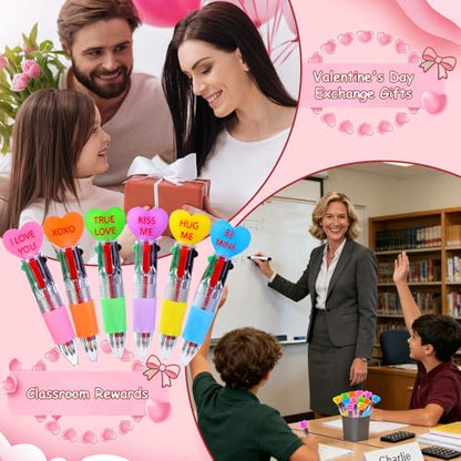 Vellibring 24pcs Valentine's Day Hearts Pens Cute Cartoon Multicolor Pen Fun 4-in-1 Pens Bulk Be Mine Love XOXO Valentines Stationery Party Favors School Supplies Students Rewards - style: Valentines Hearts-24pcs