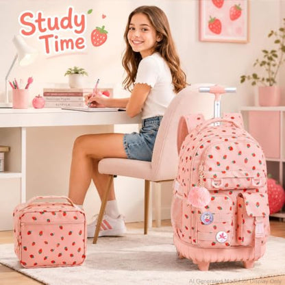 CCJPX Rolling Backpack for Girls, 3Pcs Roller Wheeled School Bookbag, Strawberryra Wheels Backpacks with Lunch Box for Kids (Pink) - color: Strawberry Pink