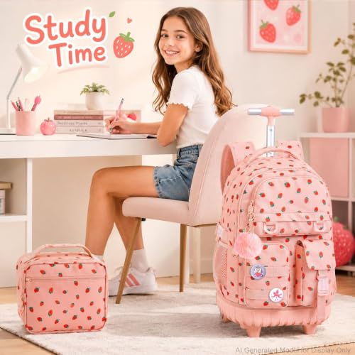CCJPX Rolling Backpack for Girls, 3Pcs Roller Wheeled School Bookbag, Strawberryra Wheels Backpacks with Lunch Box for Kids (Pink) - color: Strawberry Pink