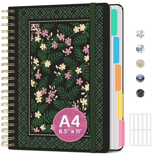 Large Lined Spiral Journal for Women Cute Hardcover 5 Subject Notebook for Work 8.5" x 11" with Removable Dividers & Tabs, College Ruled, 280 Pages Aesthetic Journal for Work, School & Note Taking, Forest Lace - color: T - Forest Lace
