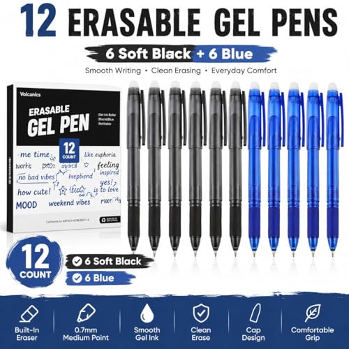Volcanics Erasable Gel Pens, 0.7mm Fine Point Gel Erasable Ink Pens with Eraser - Rocket Book Pens, Soft Black and Blue, 12 Pack, Smooth Writing Pens Pencil-Like Precision for Home School & Office - color: Black and Blue, size: 1 Count (Pack of 12)