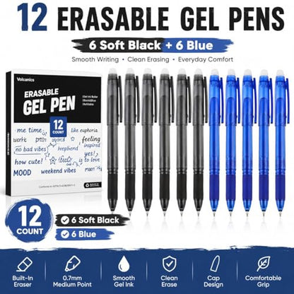 Volcanics Erasable Gel Pens, 0.7mm Fine Point Gel Erasable Ink Pens with Eraser - Rocket Book Pens, Soft Black and Blue, 12 Pack, Smooth Writing Pens Pencil-Like Precision for Home School & Office - color: Black and Blue, size: 1 Count (Pack of 12)