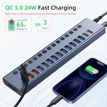 VANGREE Powered USB Hub 10Gbps, 17 Ports USB 3.2 Hub, 96W Power Adapter | 10 USB-A 3.2, 3 QC 24W Fast Charging, 2 USB-C 3.2, SD/TF, 12V/8A Power Adapter for Laptop, PC, Computer, HDD, Flash Drive - color: Gray