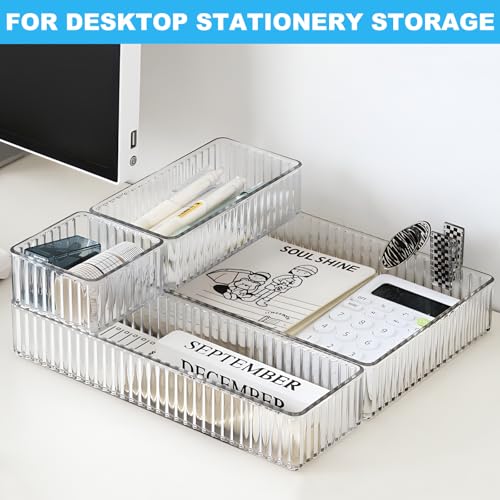 HOTOOLME 7PCS Clear Drawer Organizers Bins, 4 Size Stackable Makeup Drawer Organizer, Desk Plastic Drawer Storage Trays, Bathroom Drawer Storage for Cosmetics, Office Supply, Kitchen Utensils - style: 7 Pack