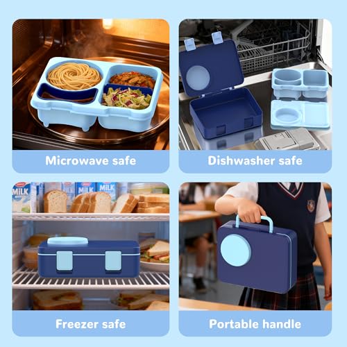Bento Box for Kids, Leakproof Kids Bento Lunch Box Container with 8oz Insulated Thermo Food Jar, Sauce Jar, Utensil, DIY Stickers for School Boys Girls, 3-4 Compartments, BPA-Free - color: Navy Blue