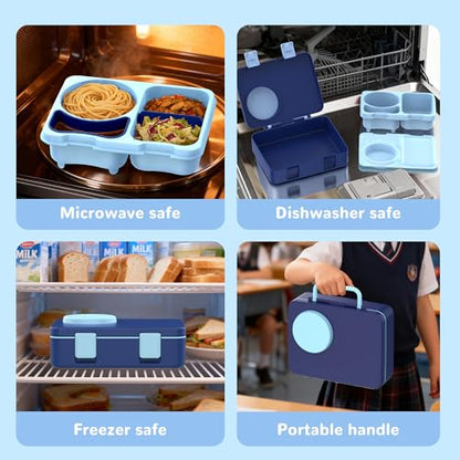 Bento Box for Kids, Leakproof Kids Bento Lunch Box Container with 8oz Insulated Thermo Food Jar, Sauce Jar, Utensil, DIY Stickers for School Boys Girls, 3-4 Compartments, BPA-Free - color: Navy Blue