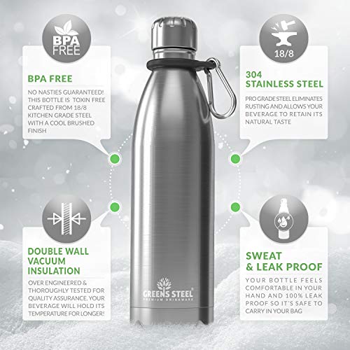 Greens Steel Stainless Steel Water Bottle - 17 oz, Steel | Vacuum Insulated Double Wall with Screw Lid/Leak Proof | Thermal Travel Sports Canteen Coffee Flask - color: Steel, size: 17 Ounces