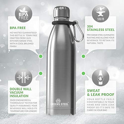 Greens Steel Stainless Steel Water Bottle - 17 oz, Steel | Vacuum Insulated Double Wall with Screw Lid/Leak Proof | Thermal Travel Sports Canteen Coffee Flask - color: Steel, size: 17 Ounces