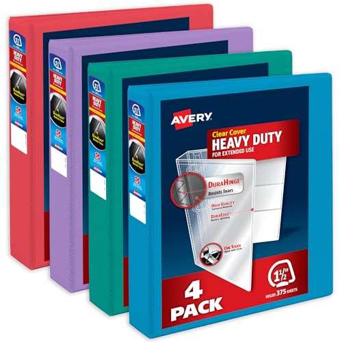 Avery Heavy-Duty View 3 Ring Binders, 1.5 Inch One Touch Slant Rings, 375-Sheet Capacity, Assorted Bright Colors, 4-Pack (79633) – for School, Office, Teachers, Classrooms & Home Organization - color: Assorted Brights, size: 1.5"