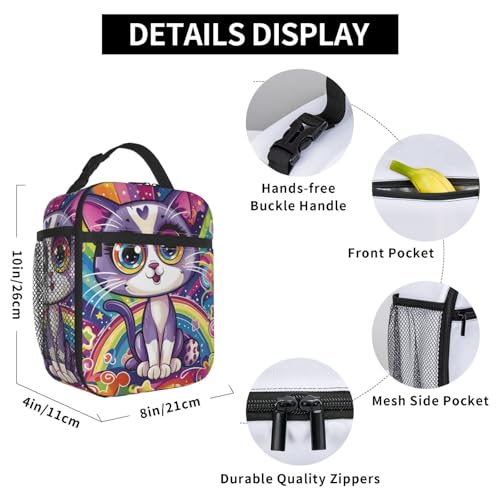Cute Cat Lunch Box for Kids Aldults, Colorful Cartoon Reusable Thermal Insulation Cooler Tote Bags, Rainbow Star Big Eye Kitten Insulated Bag for Student, School Picnic Camping Travel, Gifts - color: Cat01