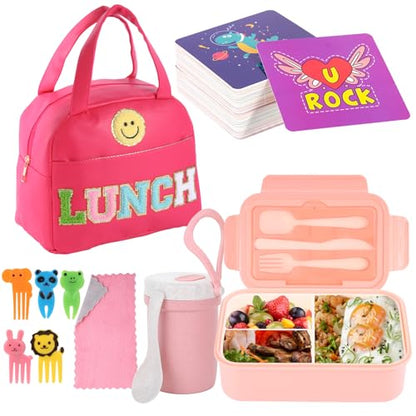 77 Pieces Bento Box Lunch Box Kit Large Pink Insulated Lunch Bag 3 Layer Stackable Leakproof Lunch Box Containers with Cup,Lunch Bag,Spoon,Fork,60 Pieces Lunch Box Notes for Girl Women (Rose Red) - color: Rose Red