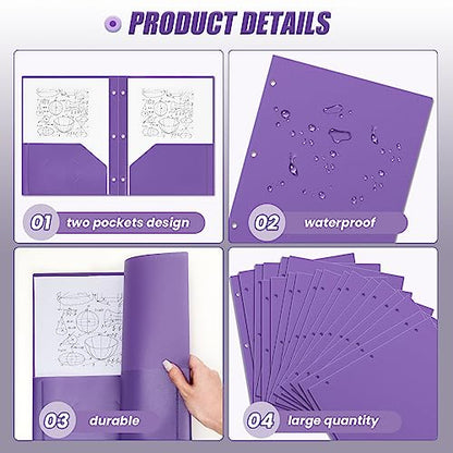 Yeaqee 50 Pcs Plastic Folders with Pockets Bulk 3 Hole Punched 2 Pocket File Folders for 3 Ring Binder Divider Folder for Notebooks, Durable Poly for Office Home (Purple) - color: Purple