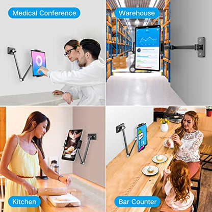 BEWISER Tablet Wall Mount Holder,360° Rotating Flexibly, Height and Angle Adjustable, Folding Aluminium Alloy Long Arm Compatible with4.7-12.9" Phone and Tablet in Kitchen or Office (Space Grey)… - color: Black