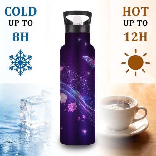 Insulated Water Bottle,Flying Butterflies 20 oz Stainless Steel Water Bottles with Straw Lid,Purple Leak Resistant Double Insulated Flask with Handle,Fits Cup Holder,Keeps Drinks Cold - color: Flying Butterflies,Purple