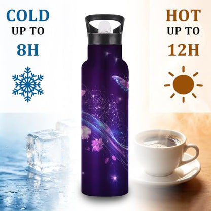 Insulated Water Bottle,Flying Butterflies 20 oz Stainless Steel Water Bottles with Straw Lid,Purple Leak Resistant Double Insulated Flask with Handle,Fits Cup Holder,Keeps Drinks Cold - color: Flying Butterflies,Purple
