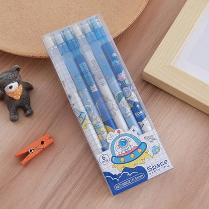 MOZXIRZ 4 Pcs Cute Mechanical Pencils with Top Eraser 0.5mm Cartoon Space Mechanical Pencil School Pencil for Women (6pcs Space) - color: 6pcs Space