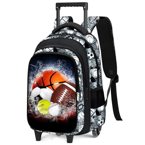 Boys Rolling Backpack for Kids - Sport Kids Rolling Backpack with Wheels for Elementary Middle School Students - Roller School Bookbag Aged 6-18, Wheeled Travel Bag Large Capacity - color: Multiball-001-backpack Only