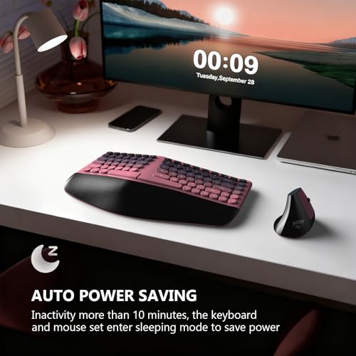 MOFII Wireless Ergonomic Keyboard & Mouse Combo – Split Curved Keyboard with Wrist Rest (All-Day Comfort) + Wireless Vertical Ergonomic Optical Mouse, Compatible with PC/Laptop/Desktop- Pink Gradient - color: Black Pink Gradient