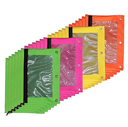 BAZIC PRODUCTS Bright Color 3-Ring Pencil Pouch with Mesh Window, 24-Box | clear mesh window and a zipper closure for pens, pencils, supplies - size: 24-Pack