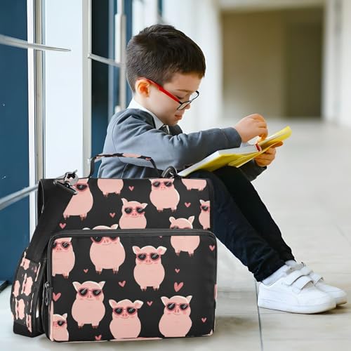 School Zipper Binder Cute Pig Black Cartoon Decor Trapper Keeper 3 Ring Binder Bag Multiple Pockets & Storage Organizer, 500 Sheet Capacity with Shoulder Strap