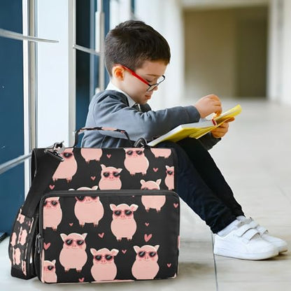 School Zipper Binder Cute Pig Black Cartoon Decor Trapper Keeper 3 Ring Binder Bag Multiple Pockets & Storage Organizer, 500 Sheet Capacity with Shoulder Strap