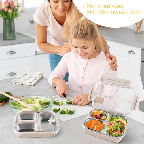 Stainless Steel Lunch Box, 3 Compartments Metal Bento Box for Kids, 25oz Lunch Container with Leakproof Lid, Divided Meal Prep Box for Adults, Kids - Ideal for Office, School, Healthy Eating - color: Cream Beige