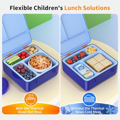 Bento Box for Kids, Lunch Box with Sticker and Leak-Proof Vacuum Food Jar, 4 Compartment BPA-Free Toddler Bento Box for School, Machine-Washable and Removable Compartments for Boy(Blue) - color: Blue