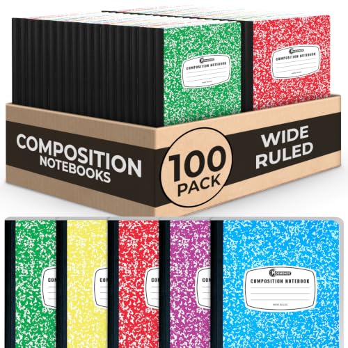 Rosmonde 100 Pack Bulk Composition Notebooks, Wide Ruled, 200 Pages (100 Sheets), 9-3/4 x 7-1/2, Hard Cover, Bulk School Supplies, Assorted Colors Marble Composition Journal, Bulk Notebooks for School - size: 100 Pack