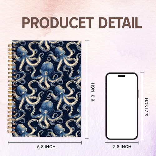 KAOWT Navy Blue Ocean Octopus Notebook Journal, Octopus Gifts for Women Notebooks for Note Taking, Marine Notebook Spiral, Beach Lover Gifts, Hardcover Spiral Notebook 5.5x8.3in - color: Summer notbook-octopus