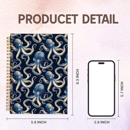 KAOWT Navy Blue Ocean Octopus Notebook Journal, Octopus Gifts for Women Notebooks for Note Taking, Marine Notebook Spiral, Beach Lover Gifts, Hardcover Spiral Notebook 5.5x8.3in - color: Summer notbook-octopus