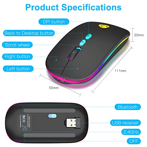 CC Store LED Wireless Bluetooth Mouse &2.4GHz Instant Connection,Rechargeable Ultra Silent Slim,3 Adjustable DPI 2 Connection Modes with USB-C to USB Adapter for Laptop/MacBook/PC/Tablet/iPad (Black) | Bluetooth mouse with 2.4GHz USB receiver, silent slim