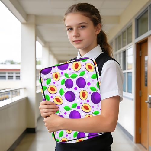 Heavy-Duty Notebook Case with 3-Hole Ring Board and 7-Slot Smart Filing Sleeve with Binder Pencil Pouch for Back to School, Purple Plums Green Leaves