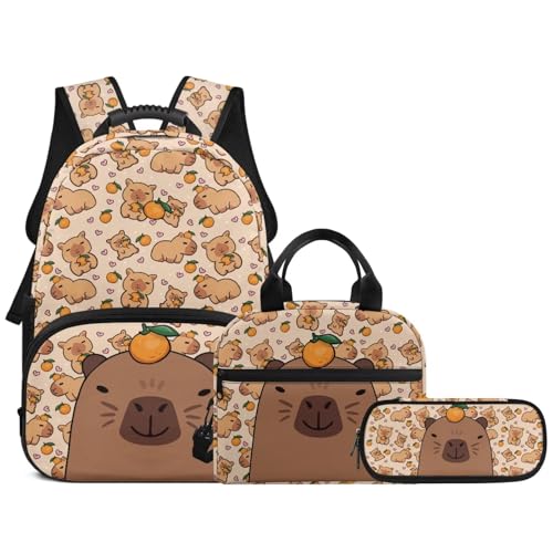 Capybara Orange 3pcs School Backpack Set With Lunch Box Pencil Case, 17 Inch Large Capacity Bookpacks 3 In 1 Set For Boys Girls - color: Capybara Orange