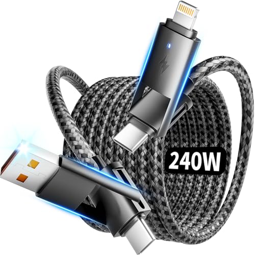 USB A/C 240w Fast Charging Cable, 4 in 1 USB C Multi Charging Cable | USB Cable to USB C/Lightning Cable, Braided USBC Cable, Charger Cord Type C for iPhone 17/16/15,Galaxy Series and More - color: Black
