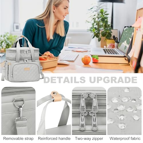 AIJIEKE Lunch Bag for Women, Insulated Double Deck Work Lunch Box, Gray | Durable, leakproof thermal cooler tote. Double compartment, expandable pockets, strap. For travel meal prep, beach, picnic - color: Gray