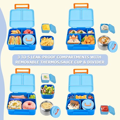Bento Lunch Box for Kids with Thermo, Leakproof Bento Box with 8oz Insulated Food Jar, Lunch Bag, BPA Free Dishwasher Safe 4 Compartment Container for School Girls Boys (Blue) - color: Blue1