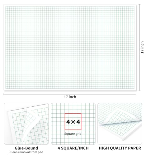 Engineering Graph Paper Pads, 11"x17 "Grid Paper, 4x4 Graph Ruled, 50 Sheets Landscape, Easy-Tear Glue-Bound, 11"x17" Cardboard Backing, for Drafting, Engineering, Architect Designers - color: 1 Pack-Squared (50 Sheets/Pad), size: 11" x 17"Landscape