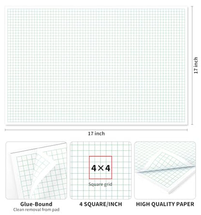 Engineering Graph Paper Pads, 11"x17 "Grid Paper, 4x4 Graph Ruled, 50 Sheets Landscape, Easy-Tear Glue-Bound, 11"x17" Cardboard Backing, for Drafting, Engineering, Architect Designers - color: 1 Pack-Squared (50 Sheets/Pad), size: 11" x 17"Landscape