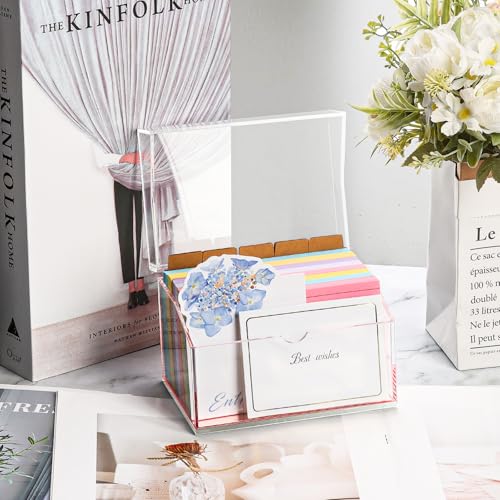 DLUGOPIS 3x5 Rose Gold Index Card Organizer Recipe Card Box Acrylic Flash Card Holder Index Card Box with Mirro Base 150 Ruled Lined Index Cards 30 Kraft Dividers Stickers For Holds 400 Note Cards - color: Rose Gold