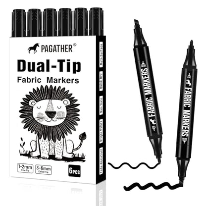 Fabric Markers Permanent for Clothes, 6 Pack Black Dual Tip with Fine and Chisel Tips Paint Pens for Clothing Canvas Tote Bags T-Shirt and Shoes, Non Toxic Ink for Kids and Adults - style: Black
