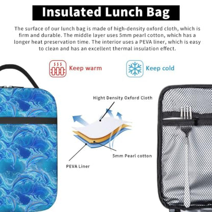 Blue Dolphin Waves Ocean Lunch Bag 10In | Insulated Lunch Box Reusable Tote Bag For Picnic Office For Women Men - color: Style 4