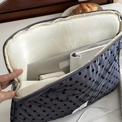 Coquette Aesthetic Laptop Sleeve for Notebook 13 14 Inch - Puffy Quilted Computer Case with Cute Polka Dots, Cute Protective Sleeve Bag Accessory - color: Grey-Polka Dot