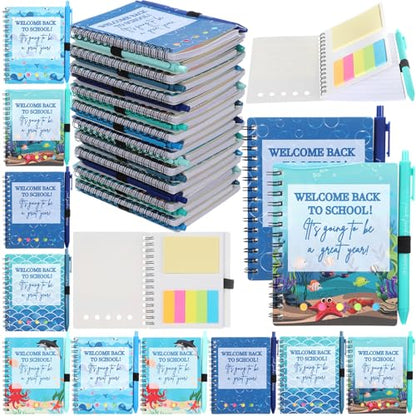 Dunzoom 40 Pcs Welcome Back to School Gifts Bulk Spiral Notebooks with Sticky Notes Motivational Pens First Day of School Notepads Party Favor for Teacher Student Classroom(Ocean Sea,Blue) - style: Ocean Sea