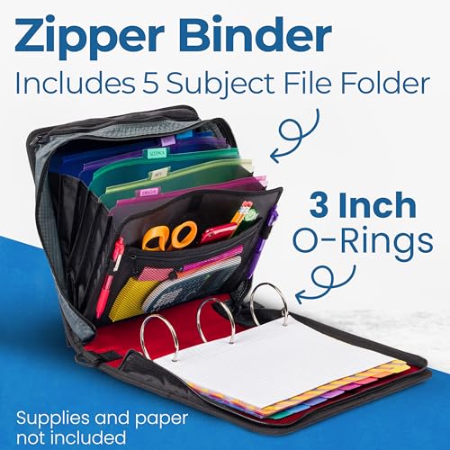 Case-it Mighty Zip Tab School Zipper Binder | 3-Inch O-Rings, 600-Sheet Capacity, 5-Subject Expanding File Folder, Multiple Pockets & Storage Organizer, Shoulder Strap | D-146 Fire Engine Red | 6 Pack - color: E Fire Engine Red, size: 6 Pack