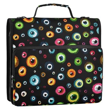 Eyeballs Dark Color Binder Bag Cartoon 1.5 Inch 3 Ring Zipper Bag with Shoulder Strap & Handle, Multi-Pocket Organizer Binder 500 Sheet Capacity for School Office Home