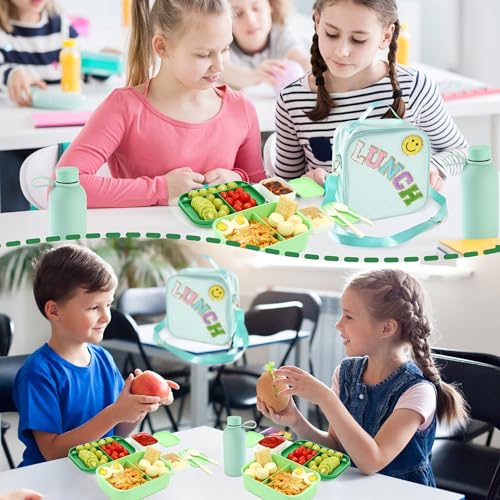 Bento Lunch Box Set for Kids - Green Nylon insulated Lunch Bag with 12oz Thermos, Leak-Proof Containers, Adjustable Strap, Birthday Gifts for Girls School Travel Picnic (Ages 3-15) - color: Green Set
