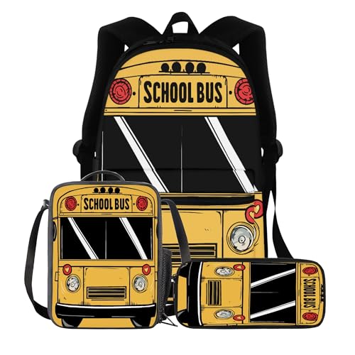 BIGCARJOB Yellow School Bus Backpack Kids Schoolbags Set with Insulated Lunch Box Pencil Case Set of 3 Pcs Cute School Bus Bookbags Boys Girls Rucksack Travel Bags - color: B Yellow School Bus, size: One Size