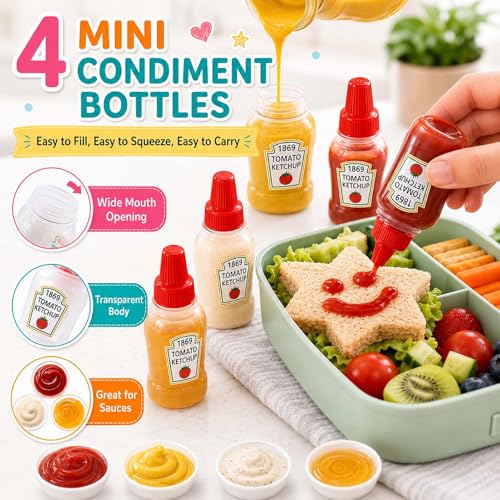 Set of 49 Lunch Box Accessories, Includes 18 Silicone Lunch Box Dividers Cupcake Liners, 4 Mini Ketchup Bottle Condiment Squeeze Bottles Sauce Containers for Bento Box, 27 Food Picks Fruit Toothpicks